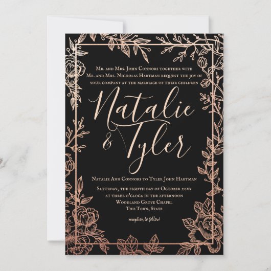 Roos Goud en Zwart Bloemen Schets Lijst Classic Kaart (Voorkant)