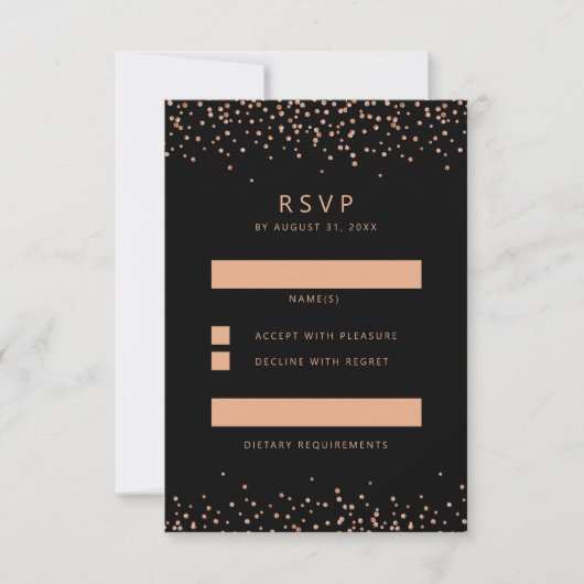 Roos goud en zwart Glitter RSVP Reply Kaart (Voorkant)
