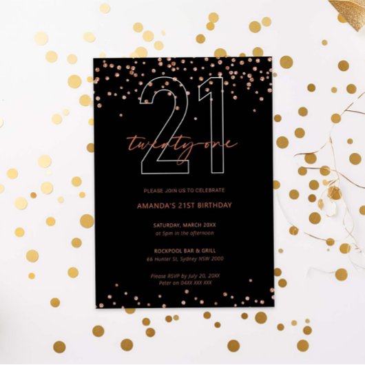 Roos goud en zwart glitter sparkle 21e verjaardag kaart