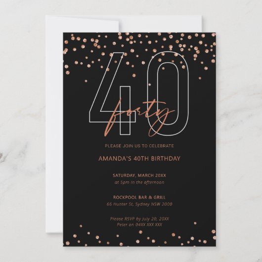 Roos goud en zwart glitter sparkle 40e verjaardag kaart (Voorkant)