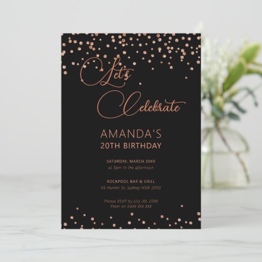 Roos goud en zwart glitter sparkle birthday kaart (Staand voorkant)