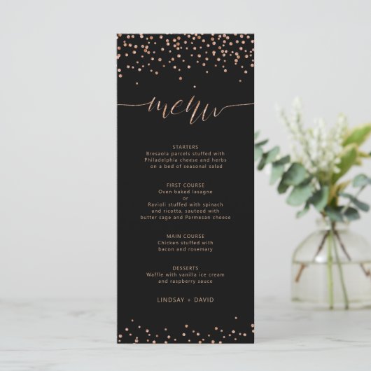 Roos goud en zwart glitter sparkle Menu Kaart (Staand voorkant)