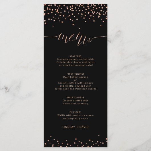 Roos goud en zwart glitter sparkle Menu Kaart (Voorkant)