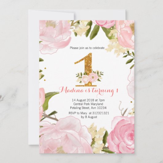 Roos goud floraalroze 1e verjaardag uitnodigingen (Voorkant)