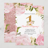 Roos goud floraalroze 1e verjaardag uitnodigingen (Voorkant / Achterkant)