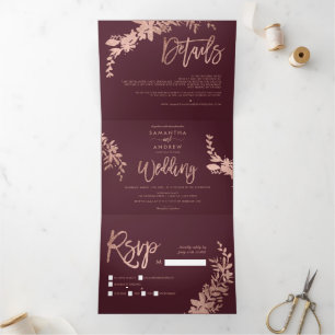 Roos goud Floral bordeaux sierlijke script bruilof Drieluik Uitnodiging