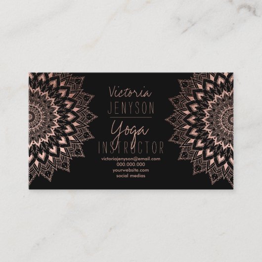 Roos goud floral mandala zwarte yoga instructeur visitekaartje (Voorkant)
