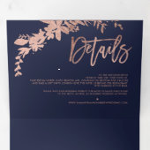 Roos goud Floral marineblauw elegant script bruilo Drieluik Uitnodiging (Binnenzijde eerst)
