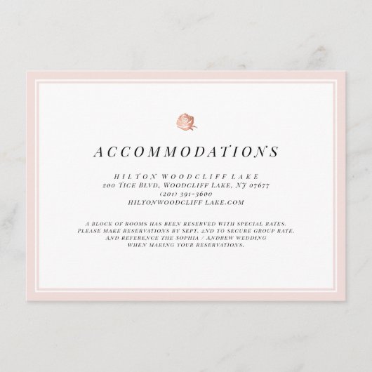 Roos goud floral minimalist bruiloft accommodatie informatiekaartje (Voorkant)