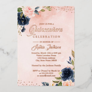 ROOS GOUD FOLIE Blush Navy Bloemen Tiara Quinceane Uitnodiging