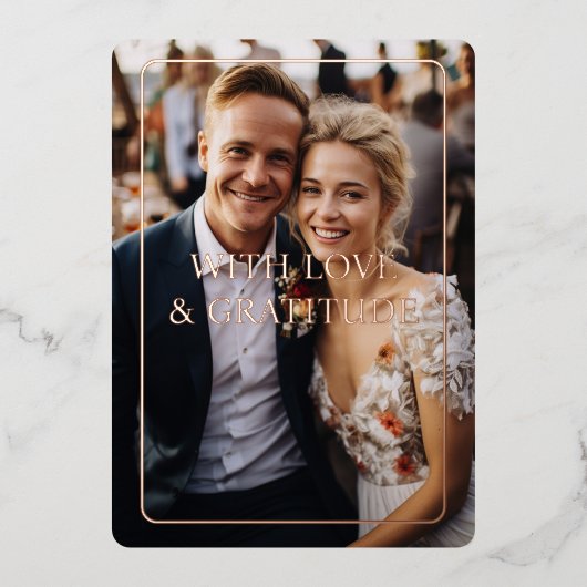 Roos-Goud, Folie, bruiloft, 1 foto "Dank u" Folie Uitnodiging (Voorkant)