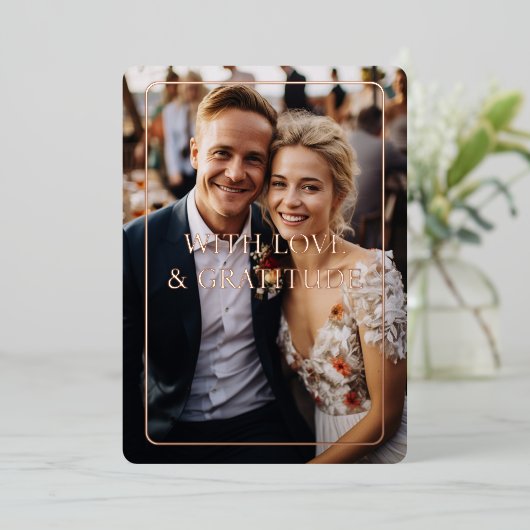 Roos-Goud, Folie, bruiloft, 1 foto "Dank u" Folie Uitnodiging (Staand Voorkant)