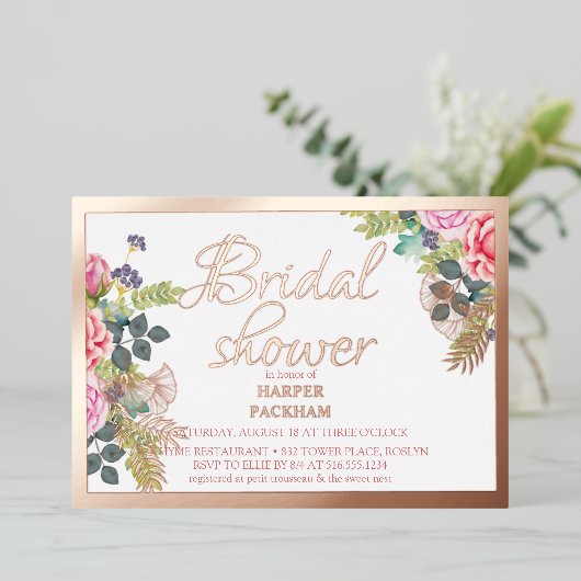 Roos goud folie florale vrijgezellenfeest folie uitnodiging (Staand Voorkant)