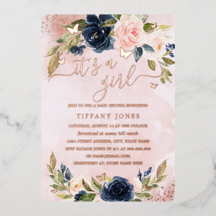 ROOS GOUD FOLIE Navy Roze Bloemige Baby Shower Uitnodiging
