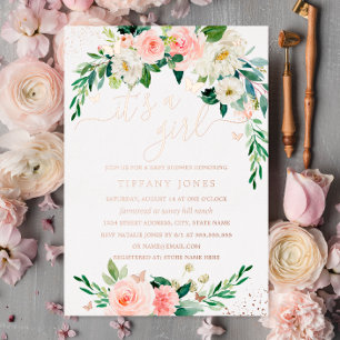 ROOS GOUD FOLIE Roze Bloemige Baby Shower Uitnodiging