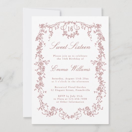 Roos Goud Frans Lijst Sweet 16 Verjaardagsfeest Kaart (Voorkant)