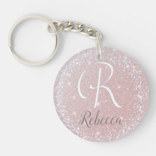 Roos Goud Geborsteld Glitter Monogram Naam Sleutelhanger