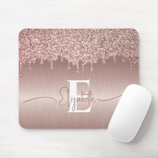 Roos Goud Geborsteld Metaal Glitter Drips Monogram Muismat (Met muis)