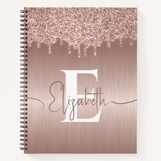 Roos Goud Geborsteld Metaal Glitter Drips Monogram Notitieboek (Voorkant)