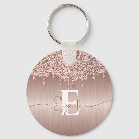 Roos Goud Geborsteld Metaal Glitter Drips Monogram Sleutelhanger (Voorkant)