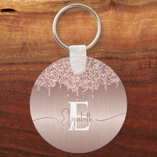 Roos Goud Geborsteld Metaal Glitter Drips Monogram Sleutelhanger (Voorkant)