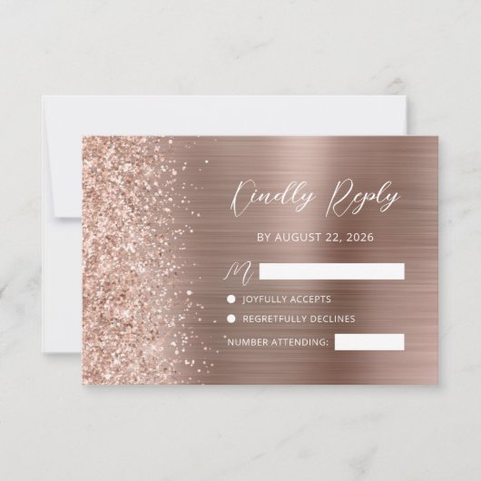 Roos Goud Geborsteld Metaal Glitter Script Bruilof RSVP Kaartje (Voorkant)