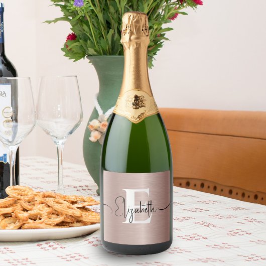 Roos Goud Geborsteld Metallic Girly Script Monogra Sparkling Wijnetiket