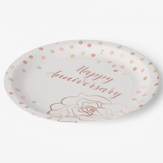 Roos Goud Gelukkig Jubileum met Polka Dots Papieren Bordje (Gekanteld)