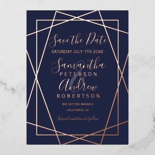 Roos goud geometrisch marinesultaat blauw script b folie uitnodiging briefkaart (Voorkant)