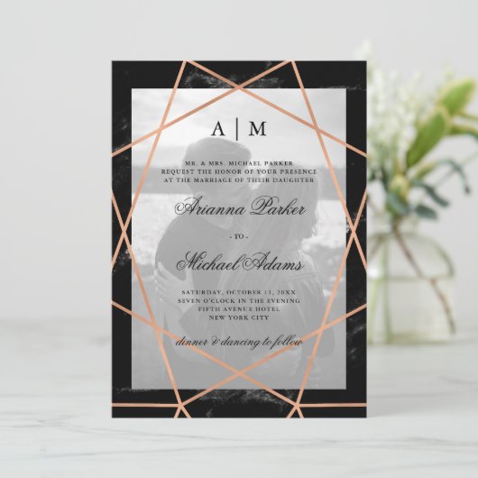 Roos goud geometrisch | zwart marmer | Fotobruilof Kaart (Staand voorkant)