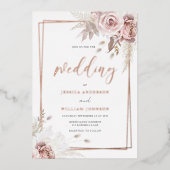 Roos Goud Geometrische Border Blush Bloemen Huweli Folie Uitnodiging (Voorkant)