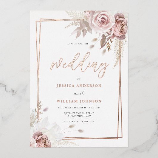 Roos Goud Geometrische Border Blush Bloemen Huweli Folie Uitnodiging (Voorkant)