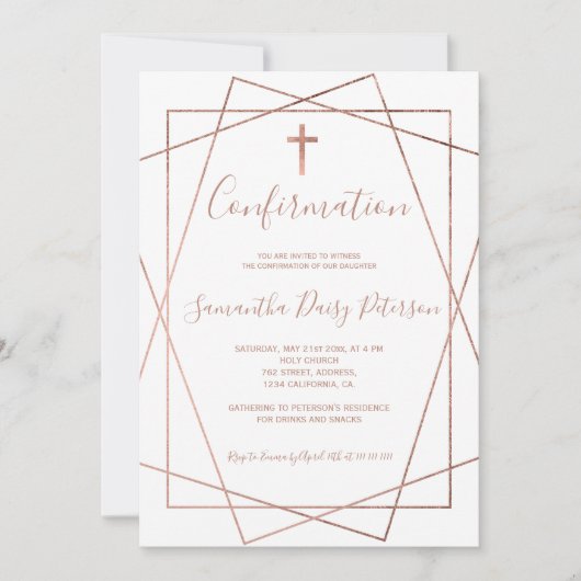 Roos goud geometrische chic white script bevestigi kaart (Voorkant)