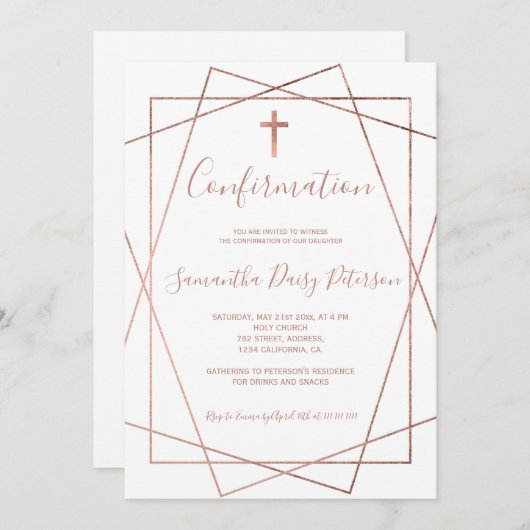 Roos goud geometrische chic white script bevestigi kaart (Voorkant / Achterkant)