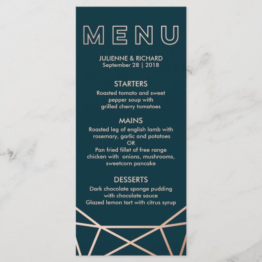 Roos Goud Geometrische Diamant Bruiloft Menu (Voorkant)