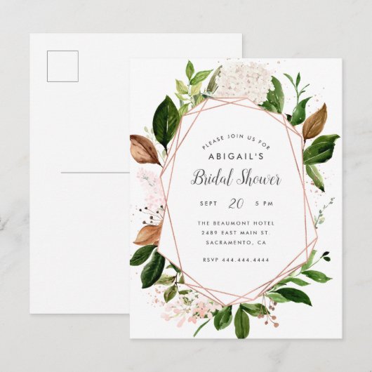 Roos Goud Geometrische Waterverf Bloemen Bruids Sh Uitnodiging Briefkaart (Voorkant / Achterkant)