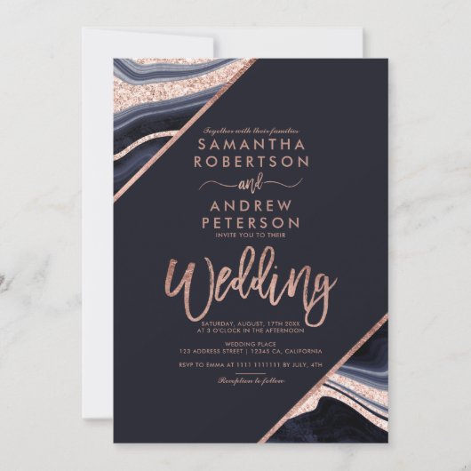 Roos goud glitter agate marble typografie bruiloft kaart (Voorkant)