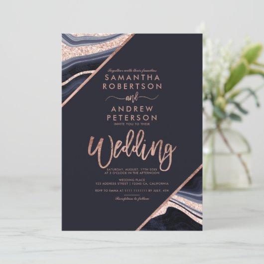 Roos goud glitter agate marble typografie bruiloft kaart (Staand voorkant)