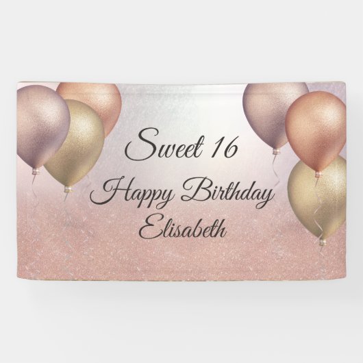 Roos goud glitter ballon zoet 16-partijbanner spandoek (Horizontaal)