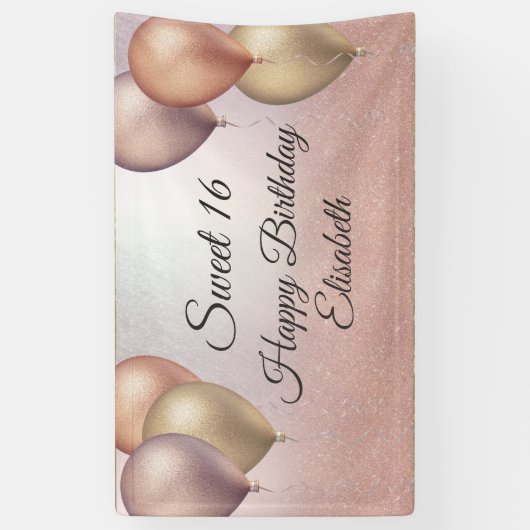 Roos goud glitter ballon zoet 16-partijbanner spandoek (Verticaal)