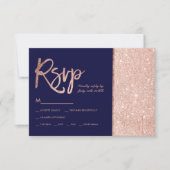 Roos goud glitter block navy blue rsvp bruiloft (Voorkant)