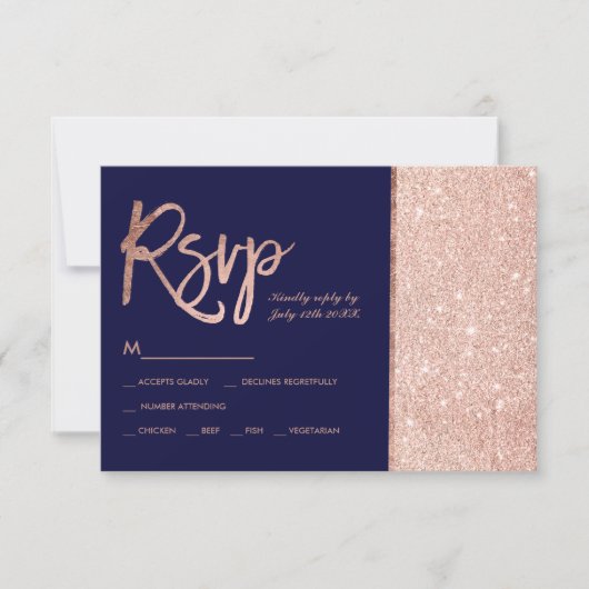 Roos goud glitter block navy blue rsvp bruiloft (Voorkant)