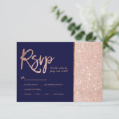 Roos goud glitter block navy blue rsvp bruiloft kaartje (Staand voorkant)
