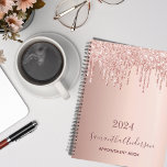 Roos goud glitter blush roze afspraak book 2023 planner<br><div class="desc">Een faux roos gouden metalen achtergrond met elegant roos goud en roze faux glitter druppels, verfdruppelend uiterlijk. Sjabloon voor een jaar. Pas een naam en een titel aan en voeg deze toe. De naam wordt geschreven in donker roos goud met een modern handgeschreven stijlmanuscript. Ideaal voor zakelijk, school, werk, dagboek...</div>