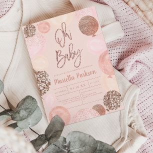Roos goud glitter blush roze ballonnen baby shower kaart