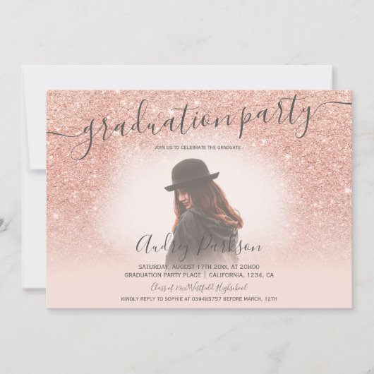 Roos goud glitter blush roze foto afstuderen kaart (Voorkant)