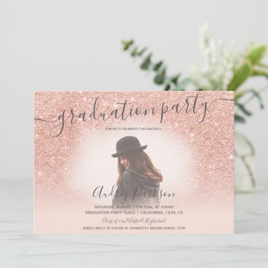 Roos goud glitter blush roze foto afstuderen kaart (Staand voorkant)