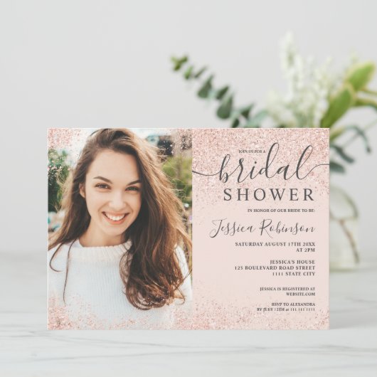 roos goud glitter blush roze foto vrijgezellenfees kaart (Staand voorkant)