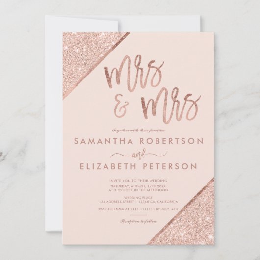 Roos goud glitter blush roze lesbische bruiloft kaart (Voorkant)