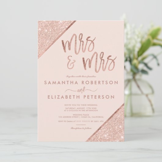 Roos goud glitter blush roze lesbische bruiloft kaart (Staand voorkant)